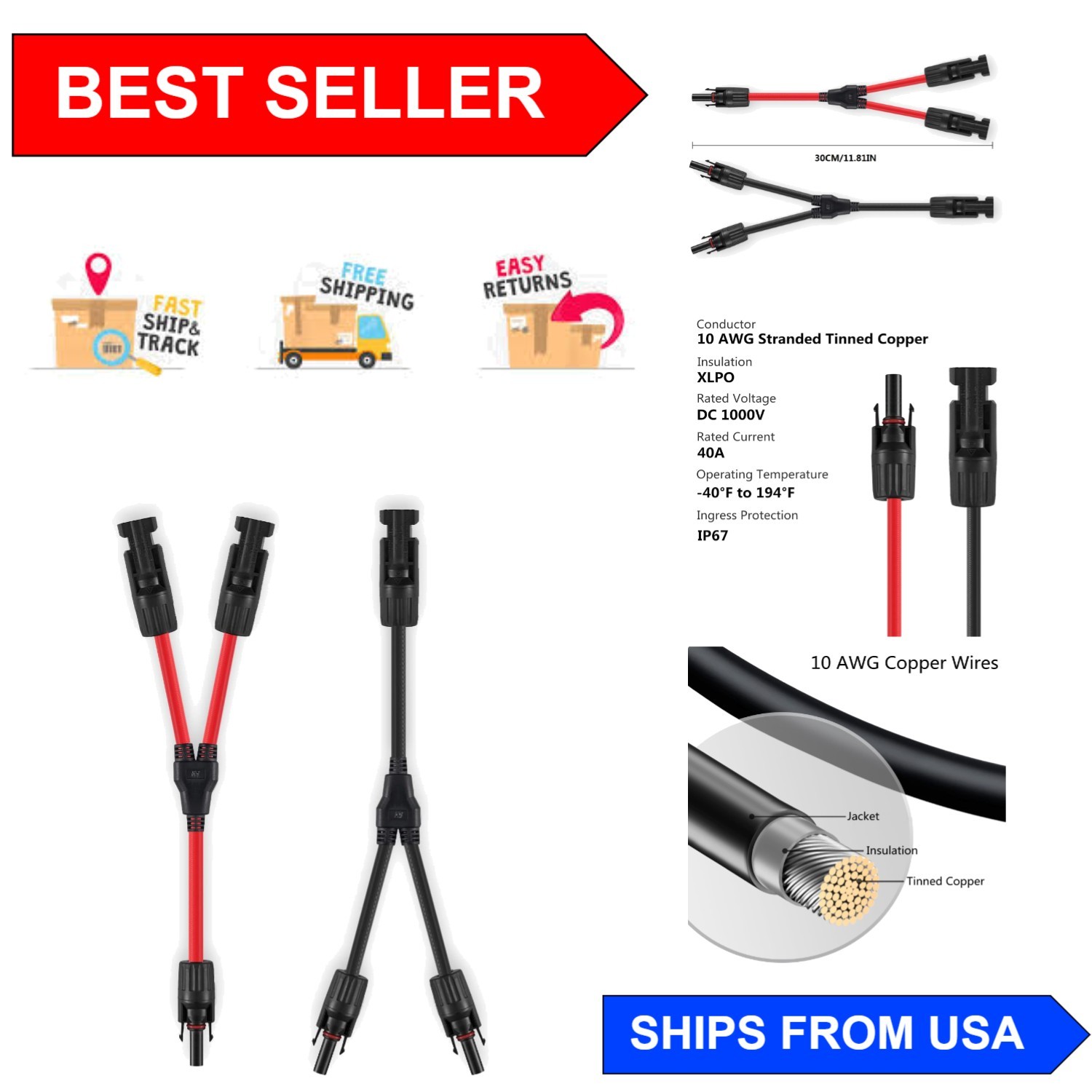 Y Branch Solar Connector 10AWG Cable for Efficient Parallel Setup, Red & Black