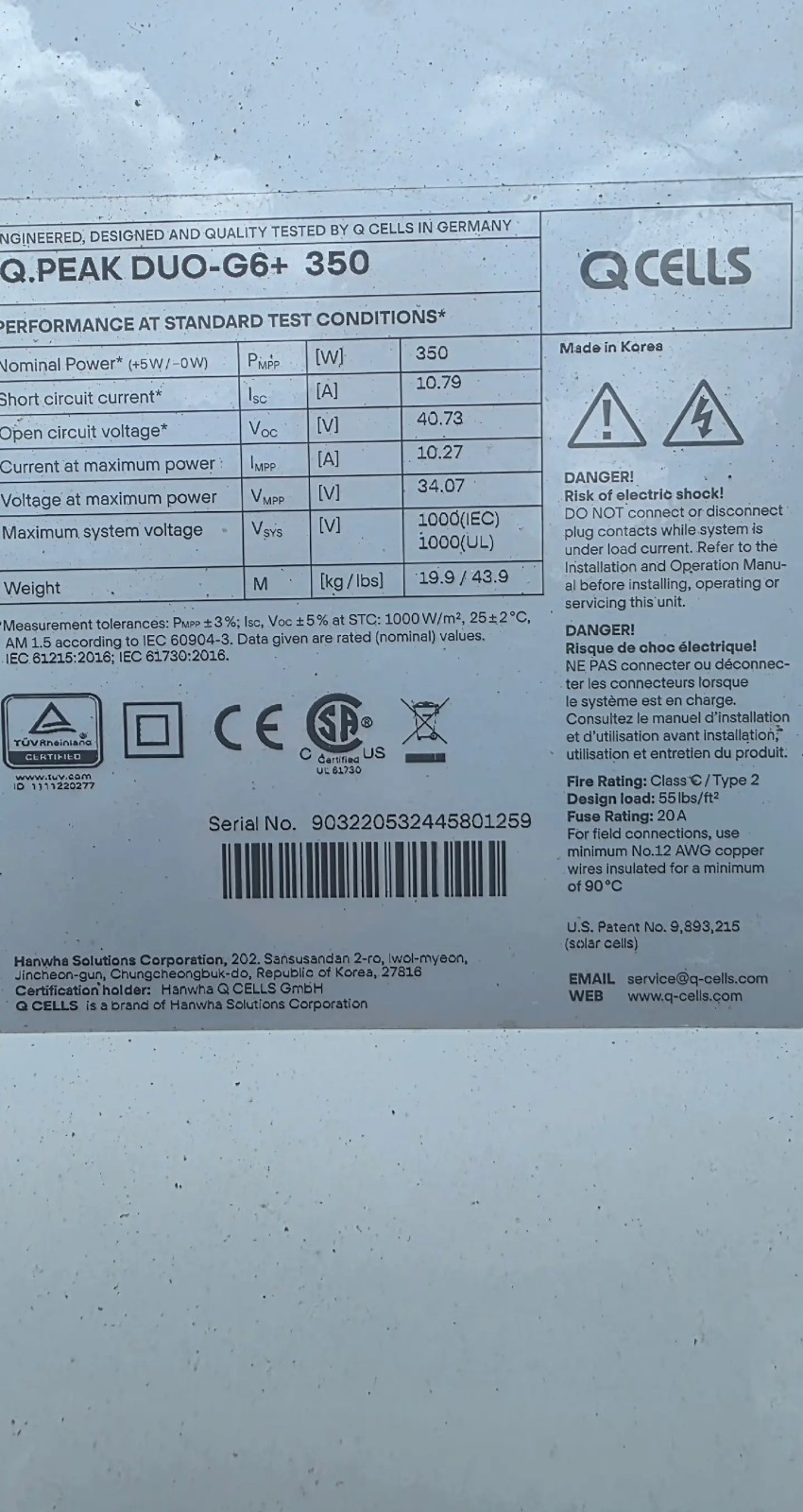 Solar Panel QCELL 350W. Q.peak DUO-G6 + 3500 Weight 19.9 / 43.9