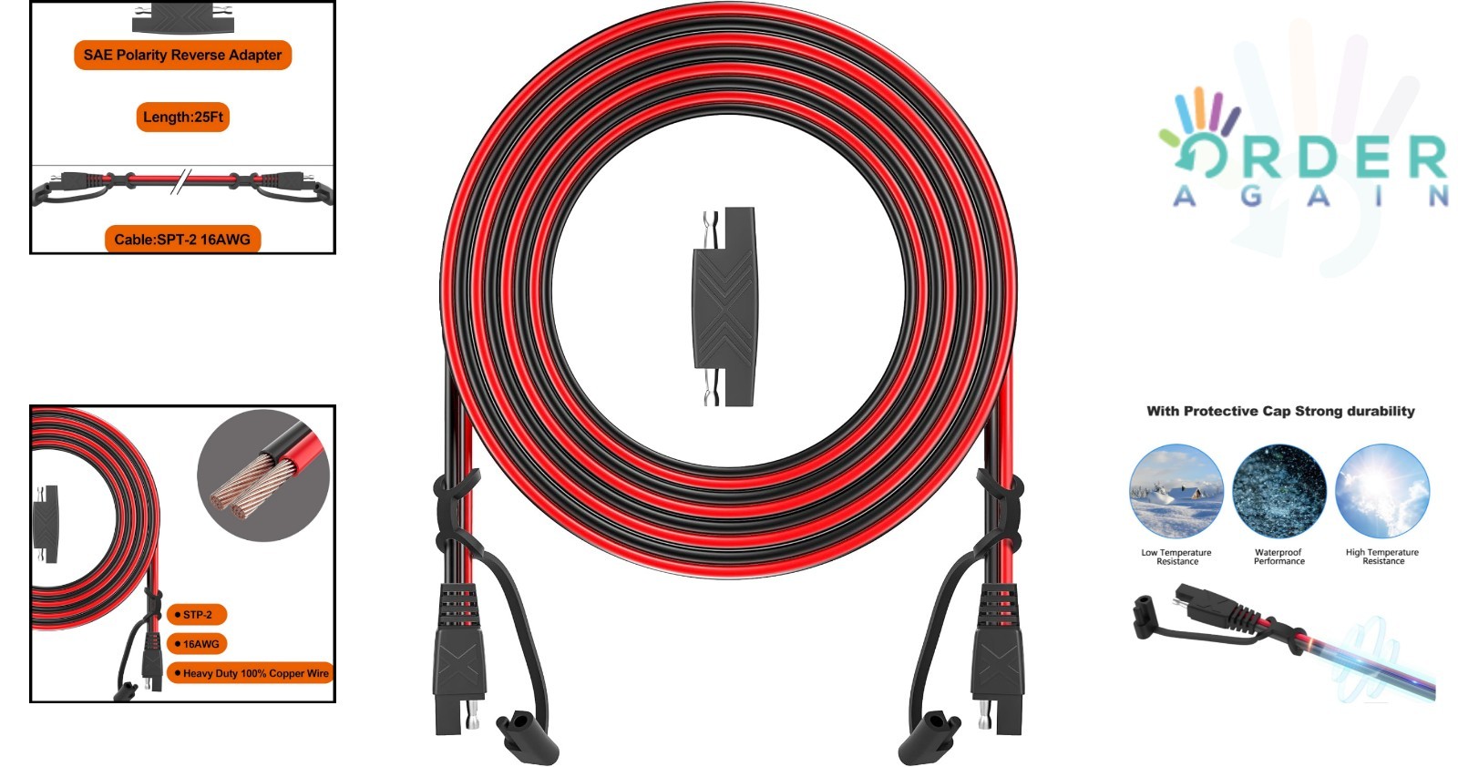 12Ft SAE Extension Cable 16AWG Quick Disconnect for Automotive Solar Panels