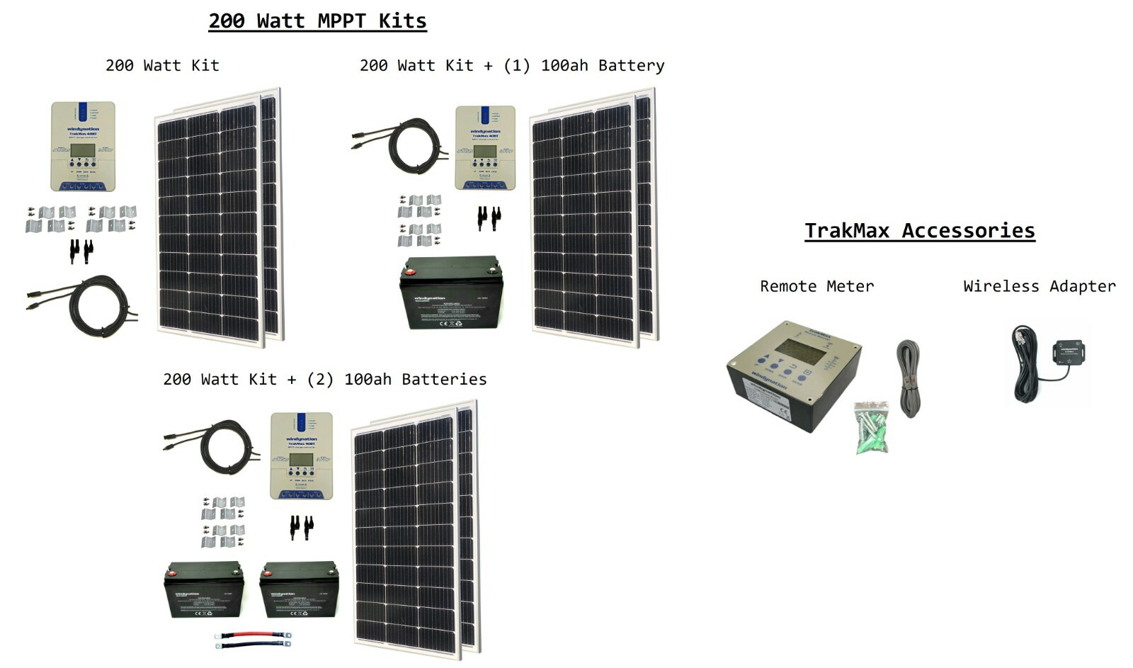 WindyNation 200W Monocrystalline Solar Panel Kits MPPT 40A Charge Controller