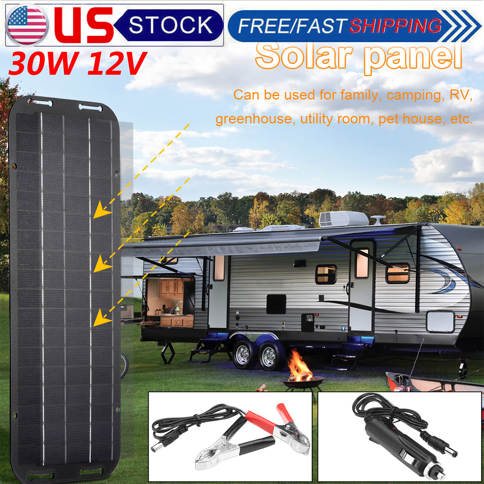 30W 12V Solar Panel Trickle Charger Battery Charger Kit Maintainer Boat Car RV