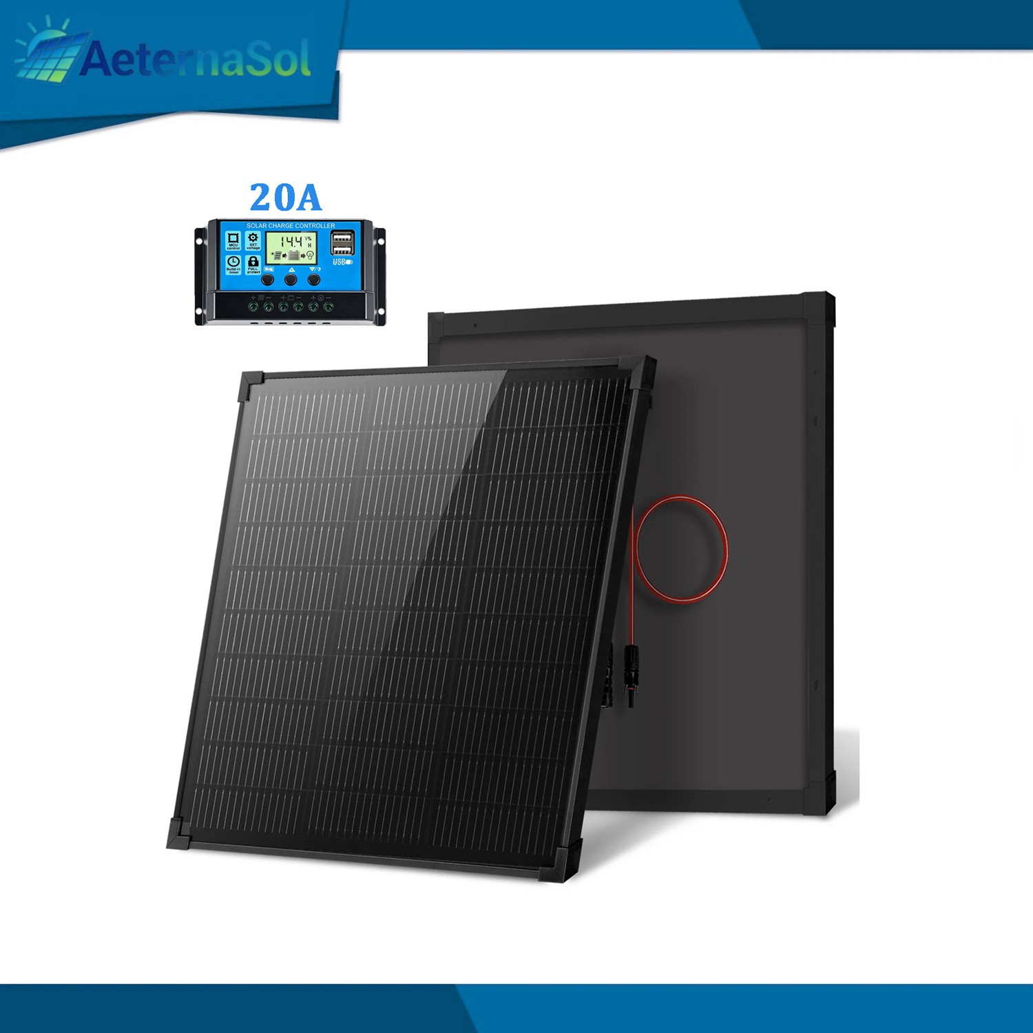 50W 12V Monocrystalline Solar Panel Kit Off-Grid Battery Power RV Home Boat US