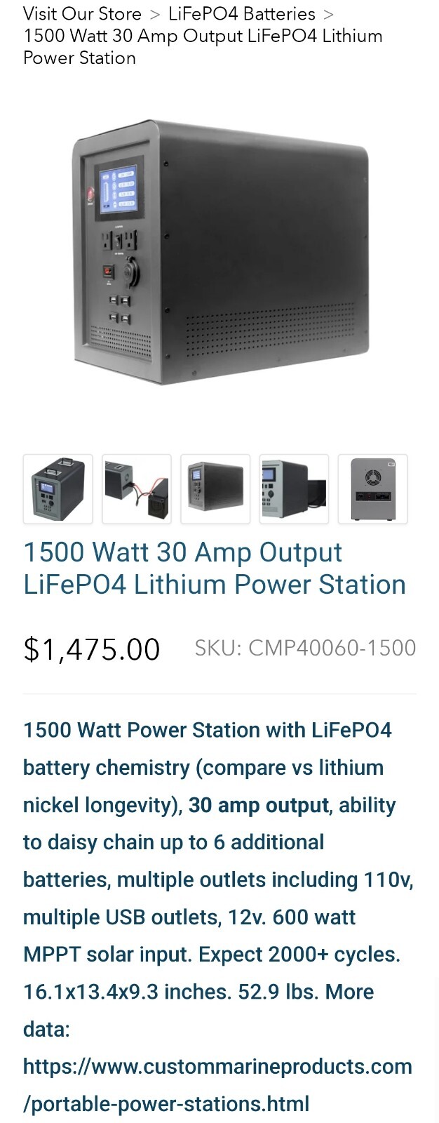 1500 Watt 30 Amp Output LiFePO4 PORTABLE Lithium Power Station Custom Marine Prd