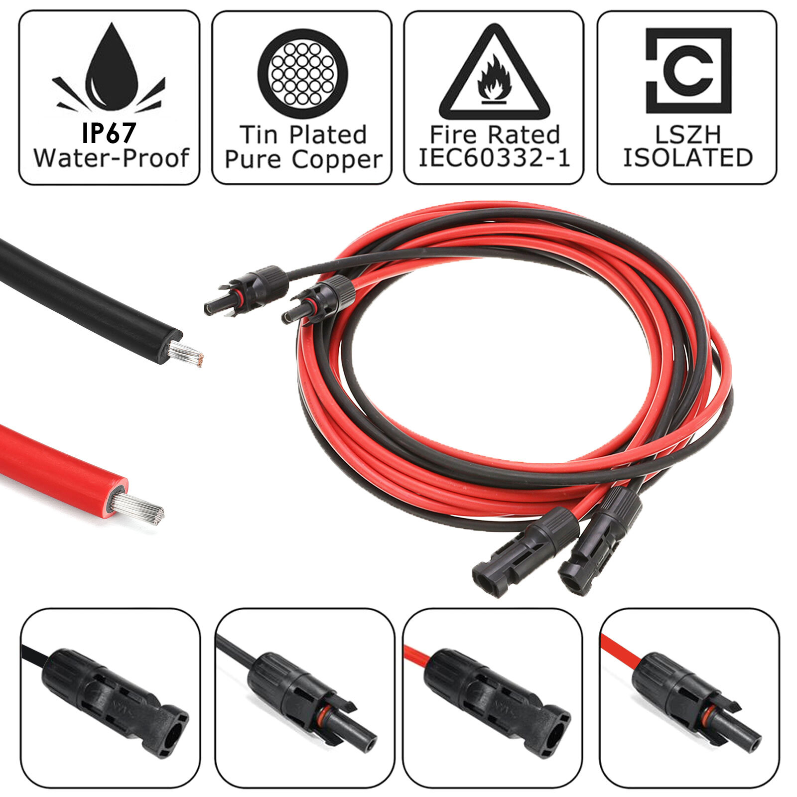 PFCTART 1 Pair Solar Panel Extension Cable Wire Black Red 10 AWG Connector 6mm²
