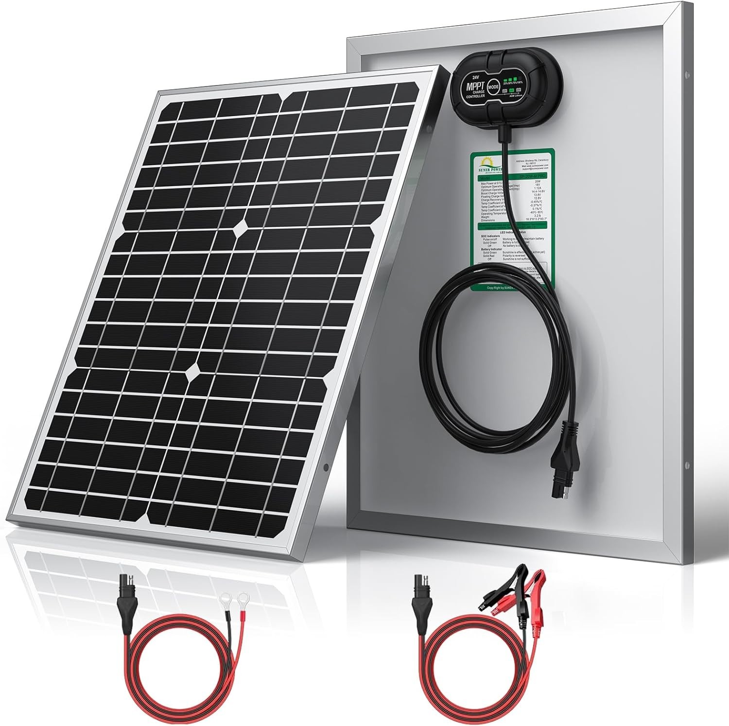 24V 20W Solar Battery Charger Maintainer, Built-in Ultra Smart MPPT Charge Co…