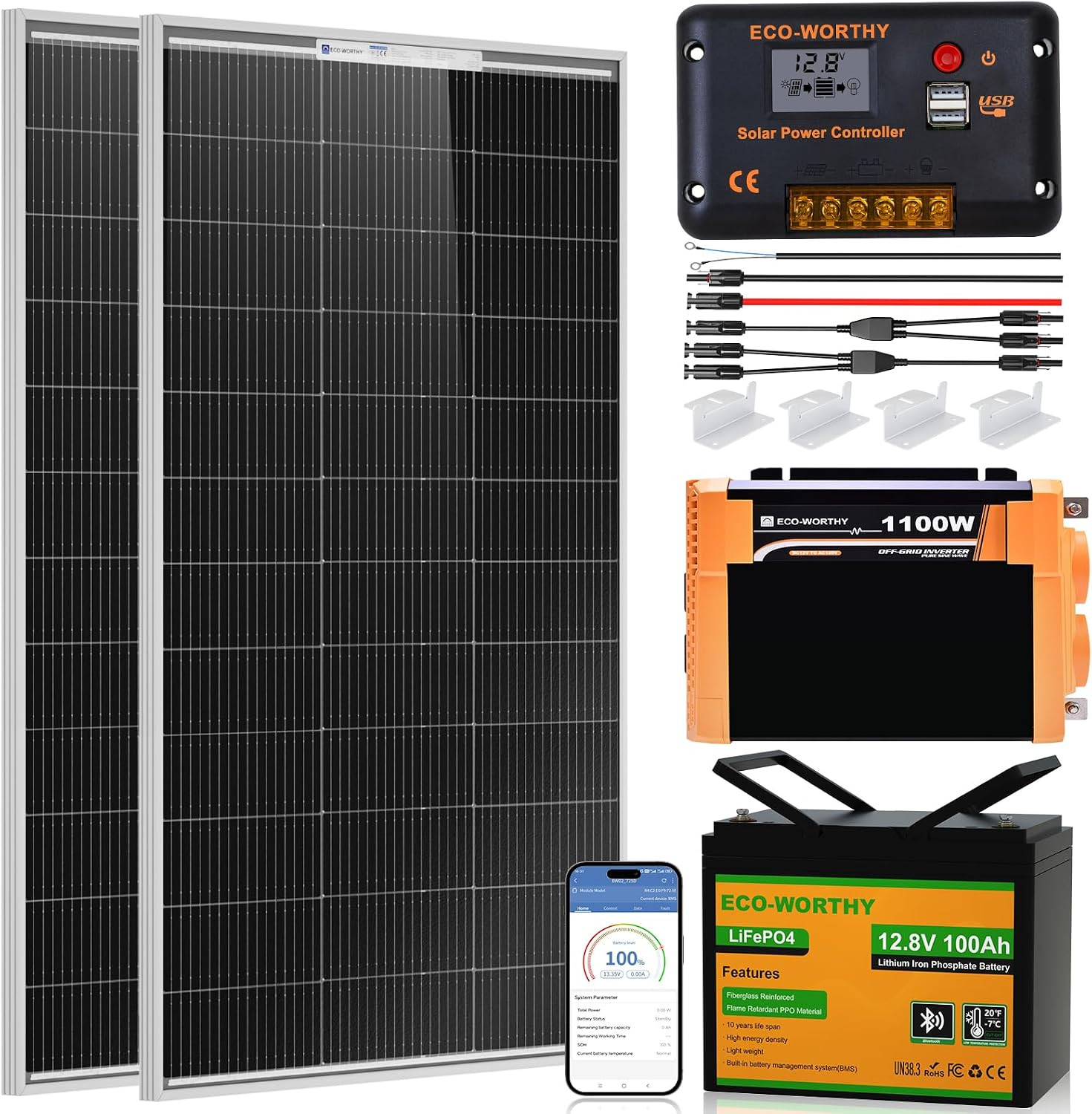 200 Watt 12V Complete Solar Panel Starter Kit for RV off Grid with Battery and I