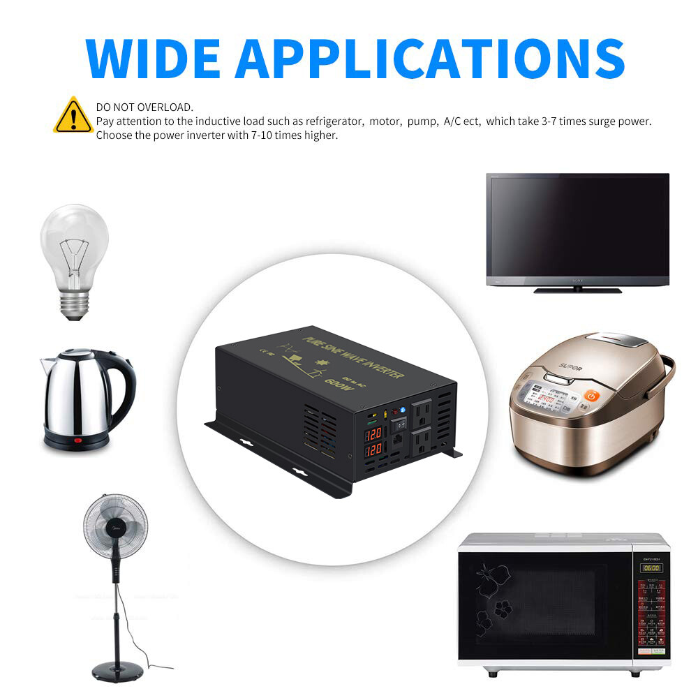 600Watt Pure Sine Wave Inverter 12V to 120V Car Home Truck Motor Camp RV Solar