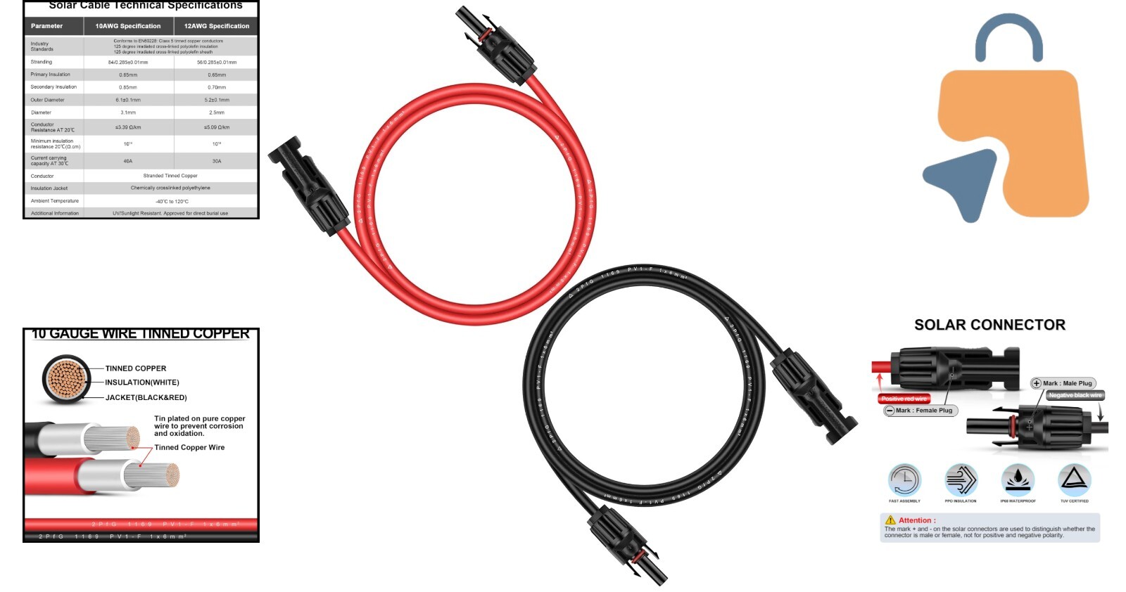 10AWG 6ft Copper Solar Panel Extension Cable – Weatherproof Duo with Connectors