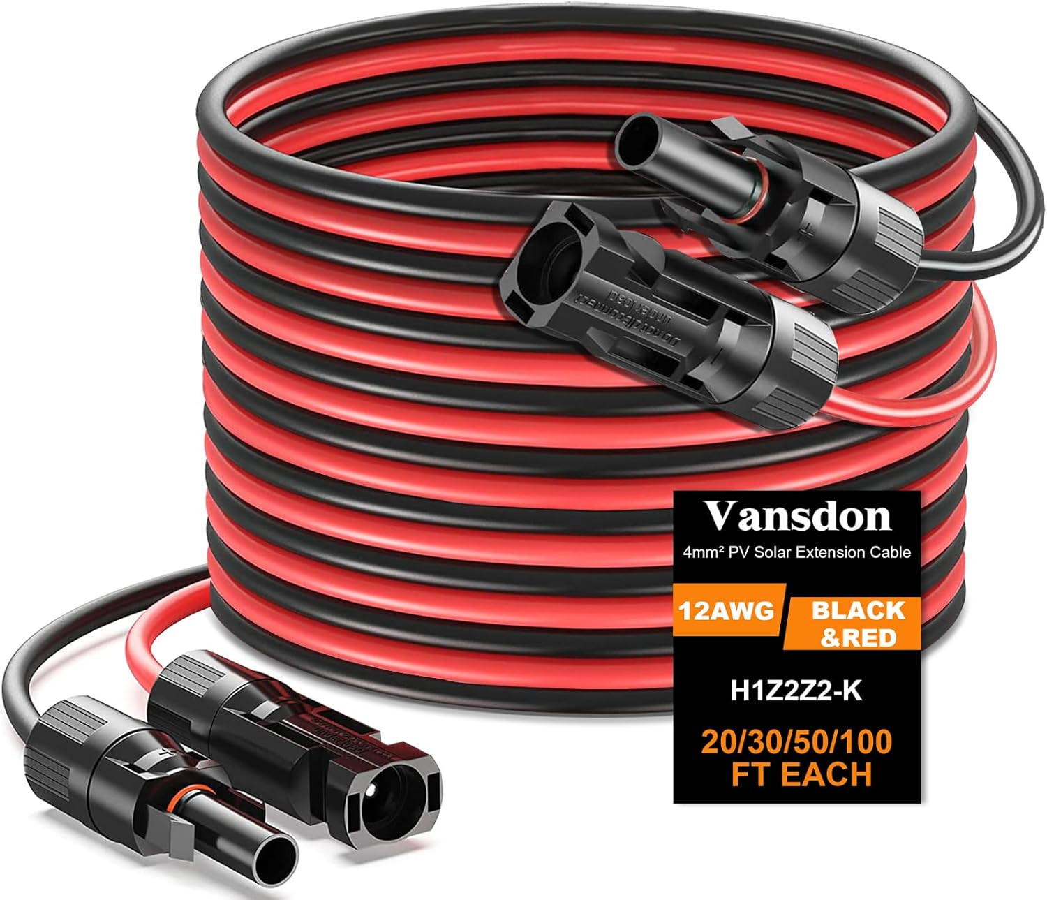 2X50 Feet Solar Panel Extension Cable, 12AWG Solar Cable, Solar Panel Cable with