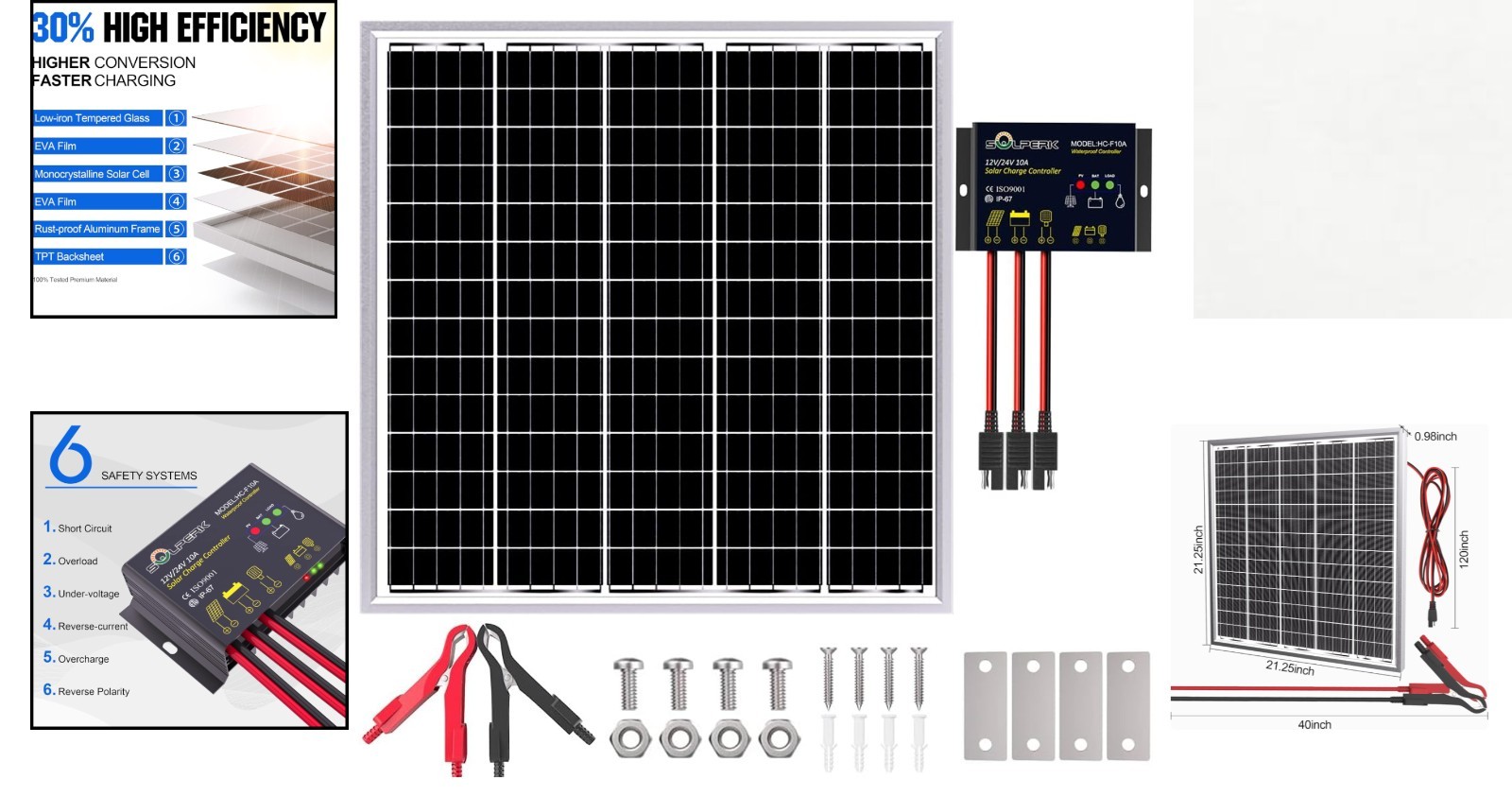 Solar Panel Kit 50W 24V, Intelligent Waterproof 10A PWM Controller, Home Outdoor