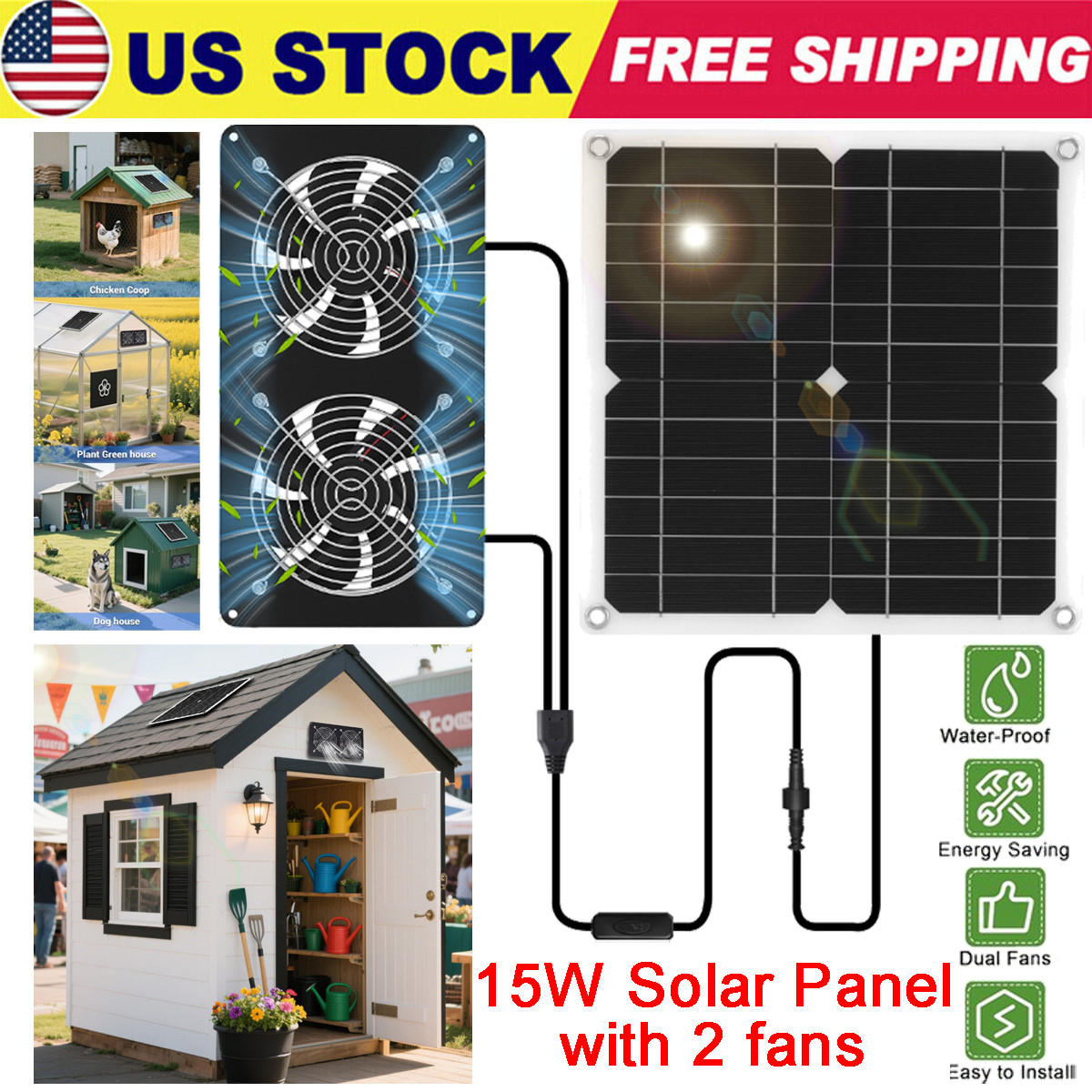 15W Solar Panel Dual Fan Kit Waterproof for Chicken Coop Pet House Ventilation