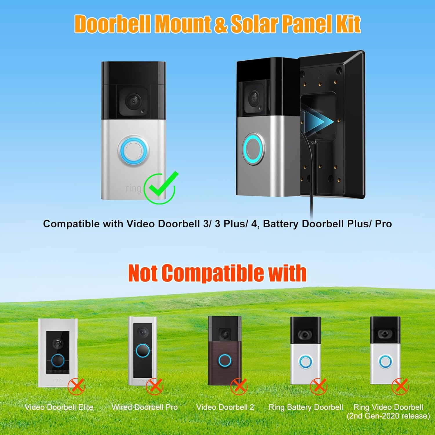 Solar Charger for Ring Video Doorbell 3/4 with Adjustable Mount and 10Ft Cable
