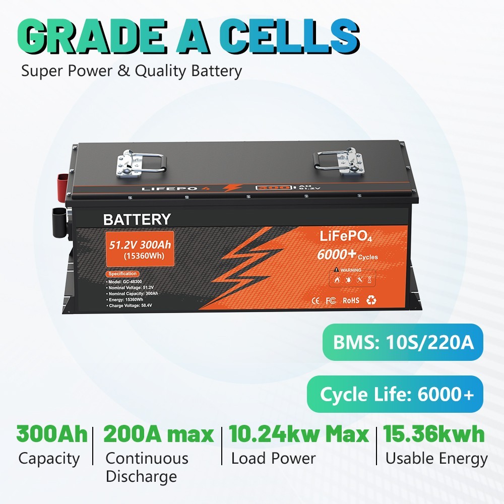 48V 300Ah Lithium Golf Cart Battery 200A BMS 6000+Cycles APP Charger Monitor Set