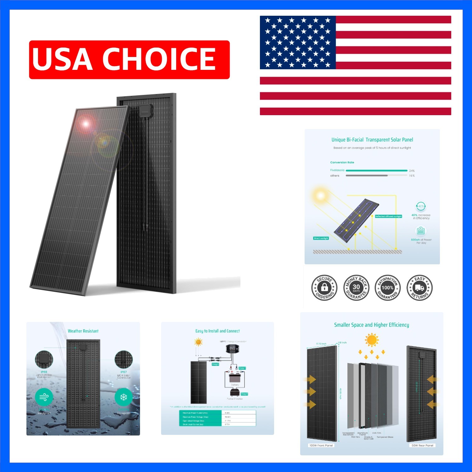 Bifacial 100 Watt Solar Panel, 12V 100W Monocrystalline Solar Panel Panel Hig…