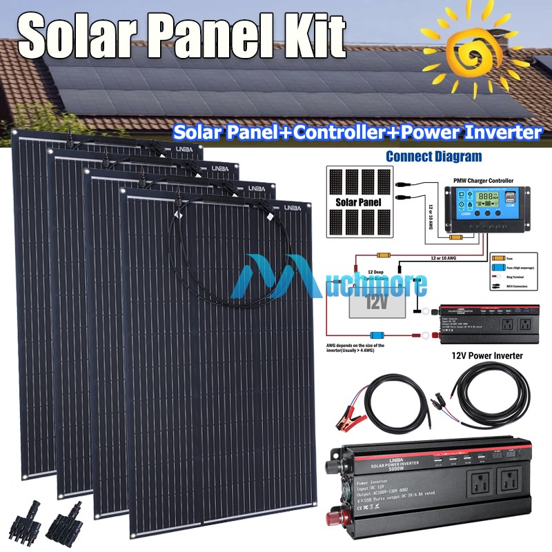 Completed 200W 400W Flexible Mono Solar Panel 12V Kit Car Boat RV Home Rooftop