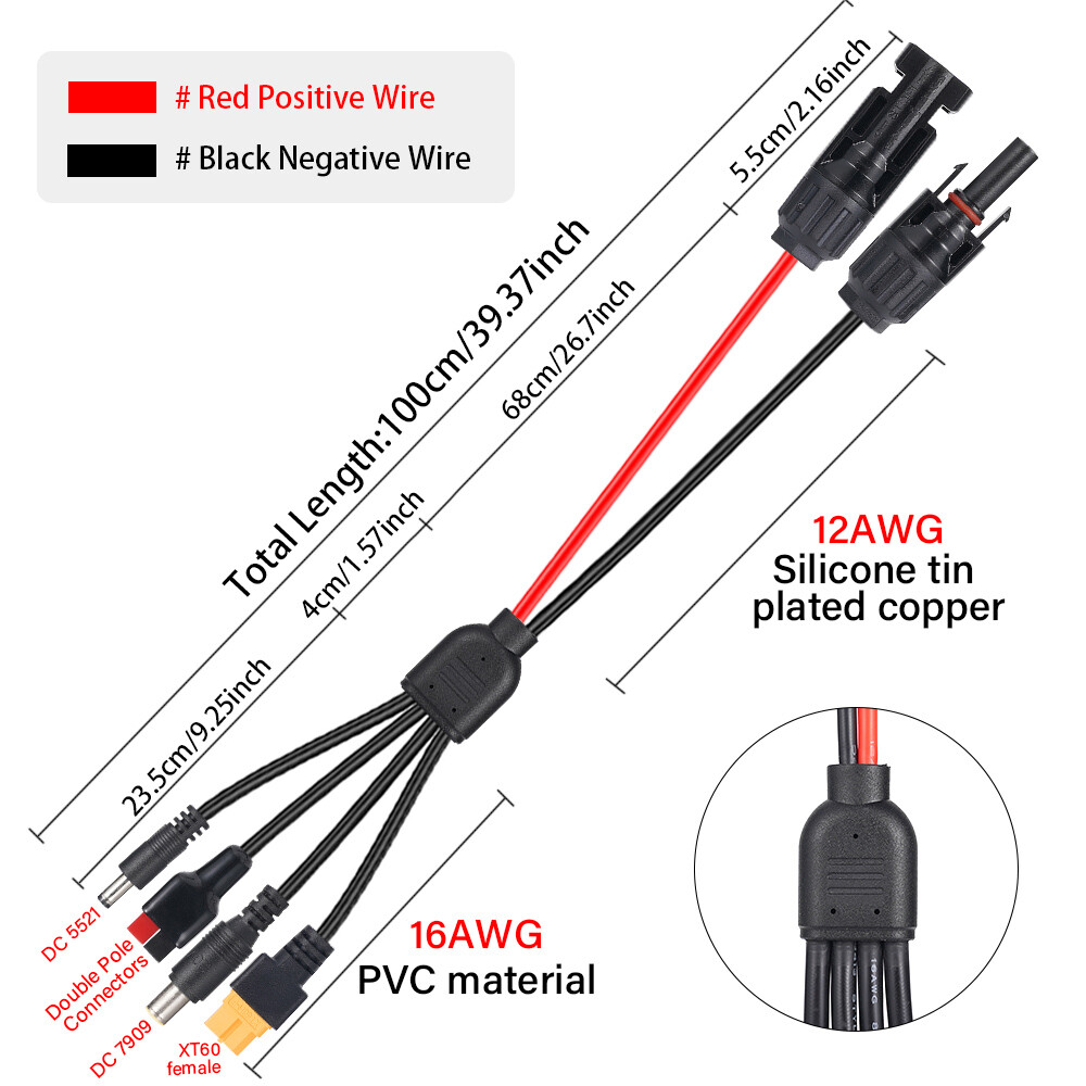 Solar Panel Extension Cable 4 In 1 DC5521 7909 XT60 Female Connector PV Wire 3ft