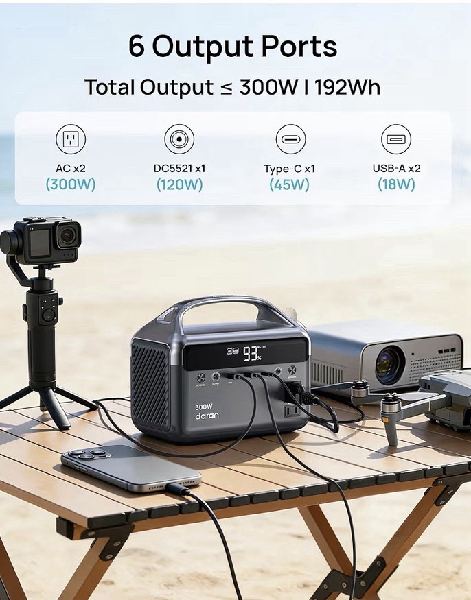 Daran Portable Power Station 300W (600W Peak), 192Wh (60,000mAh) Solar Generator