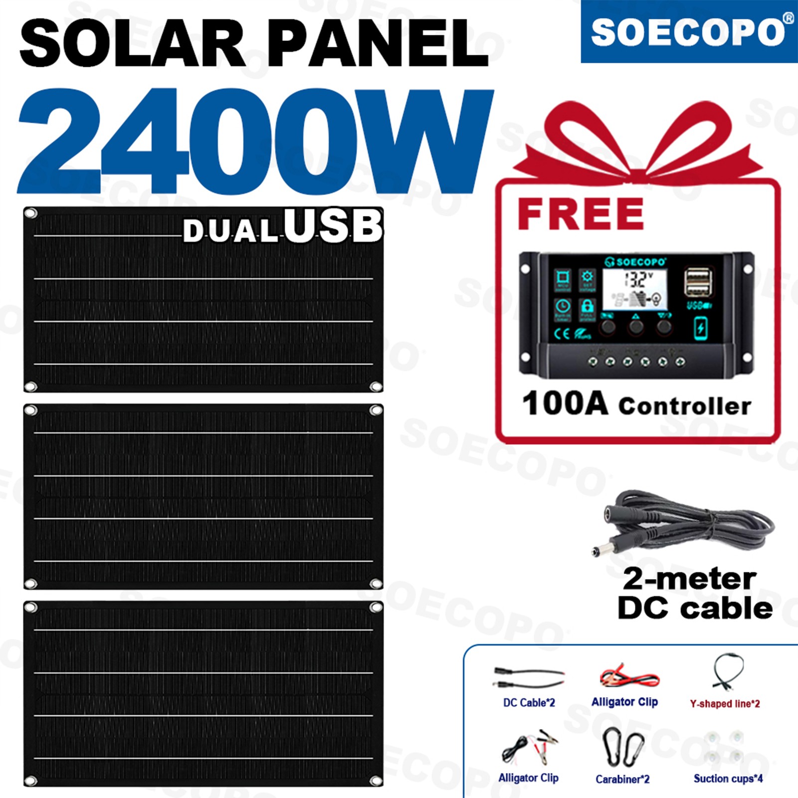 2400W Solar Panels – 3 x 800W Lightweight + Y-Cable for Emergency