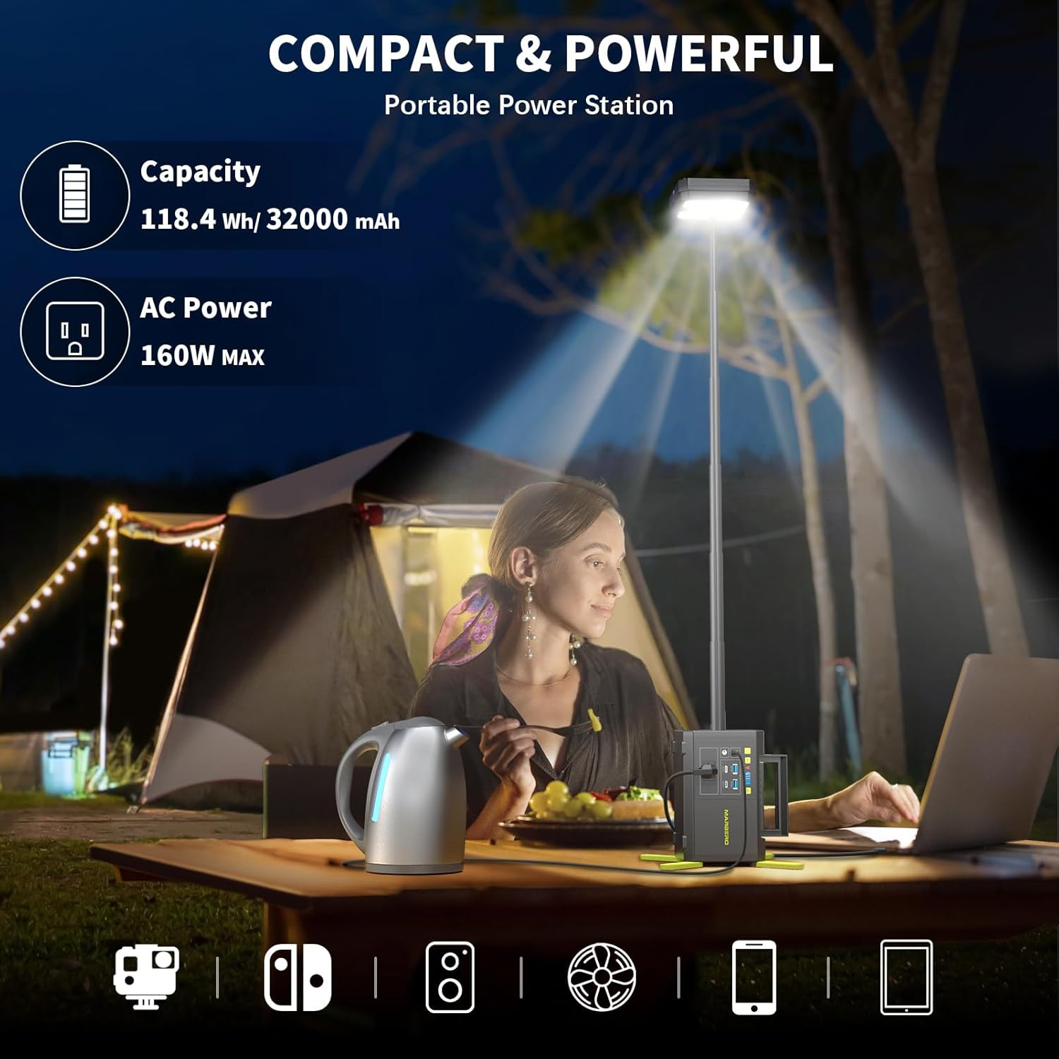 118Wh Portable Power Station with Telescopic Camping Lights for Camping Hiking 3
