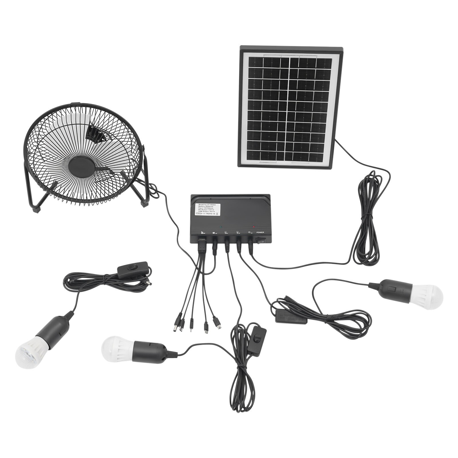 Solar Power Panel Kit Outdoor Camping USB Charging System W/ LED Light + 8″ Fan