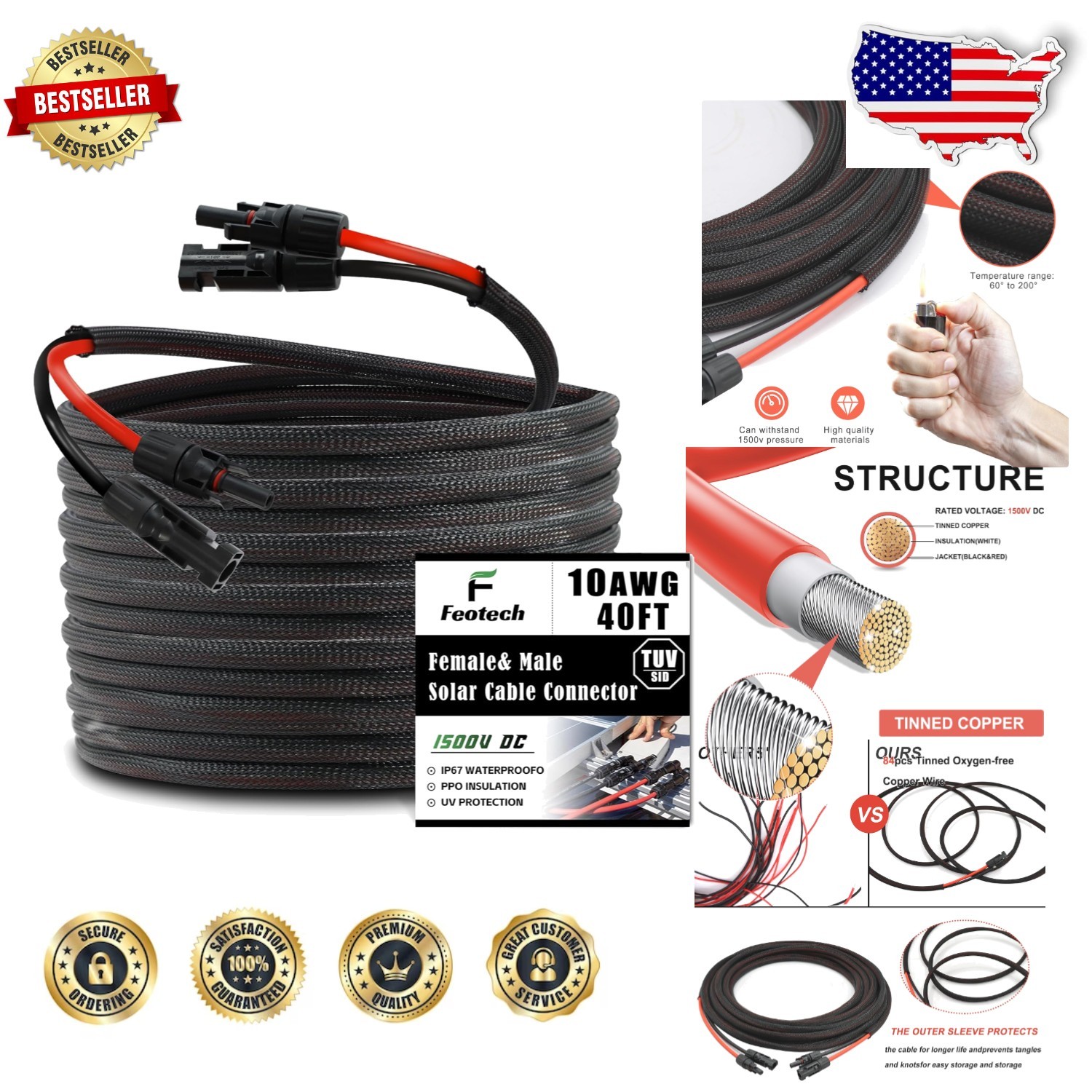 Durable 40ft 10AWG Solar Extension Cable, 6 Pairs MC4 Connectors, Braided Sleeve