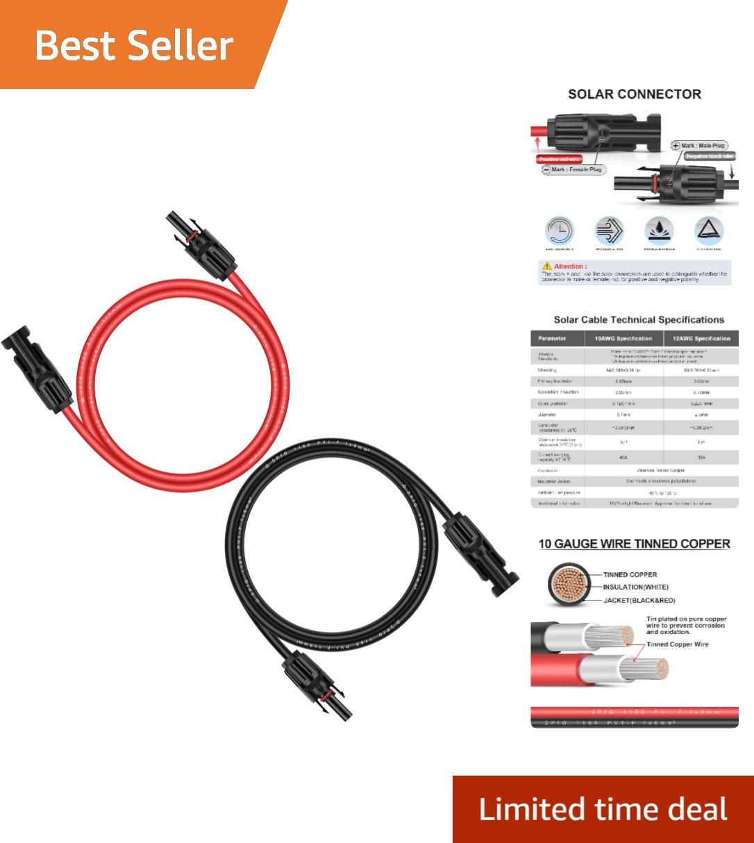 10AWG 6ft UV Resistant Solar Panel Extension Cable – Weatherproof & Durable