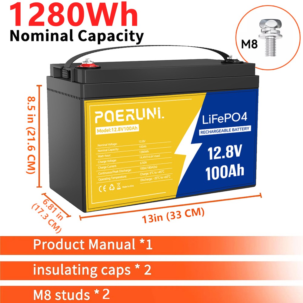 100Ah 12V LiFePO4 Lithium Battery 1280Wh Built-in BMS Deep Cycles For RV Solar