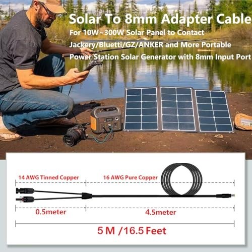 16.5Ft Solar Adapter Extension Cable for 8mm DC Portable Power Stations & Panels