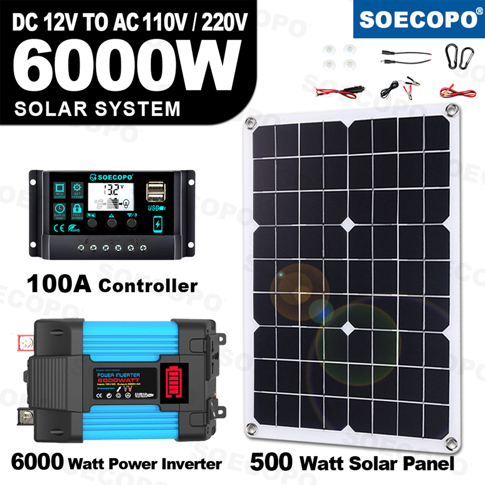 6000W Solar System DC12V to 110V/220V Inverter System100A Controller 500W Panel