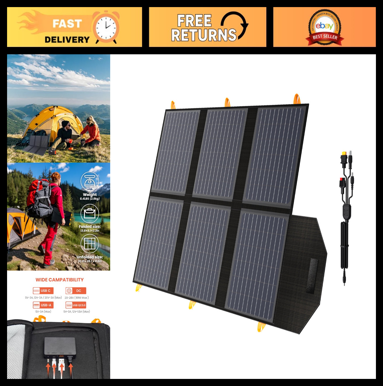 60W Foldable Solar Panel Charger – High Efficiency, Waterproof, USB & DC Output