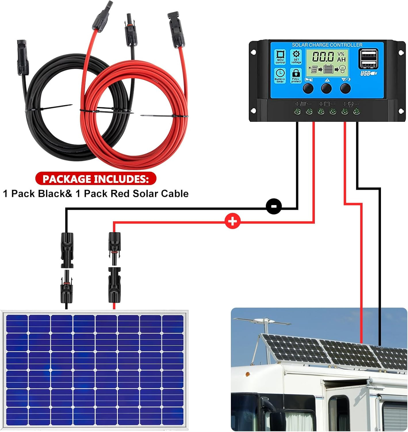 2X100 Feet Solar Panel Extension Cable, 10AWG Solar Cable with Female and Male W