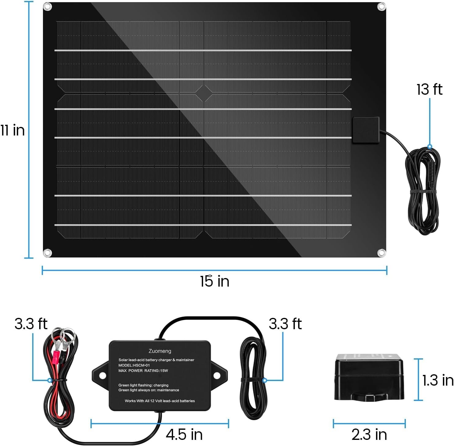 12V Solar Battery Charger Maintainer, 15W Solar Panel Kit for RV, Trailer, Truck
