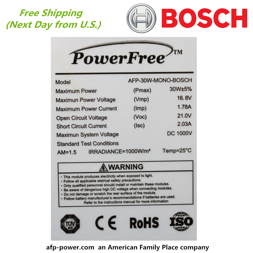 Bosch Plug-n-Power Kit 30W 30 Watt Mono Solar Panel Charger 12v Battery RV Boat