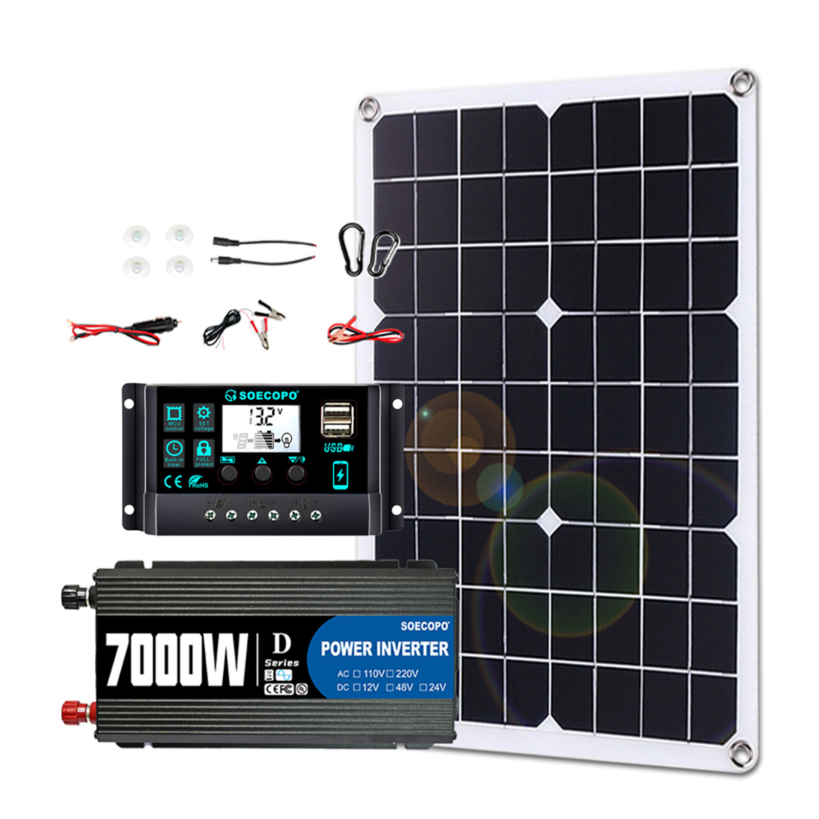 7000W Solar Kit 12V 110V Inverter Battery ChargerLighting Camping 500W Panel