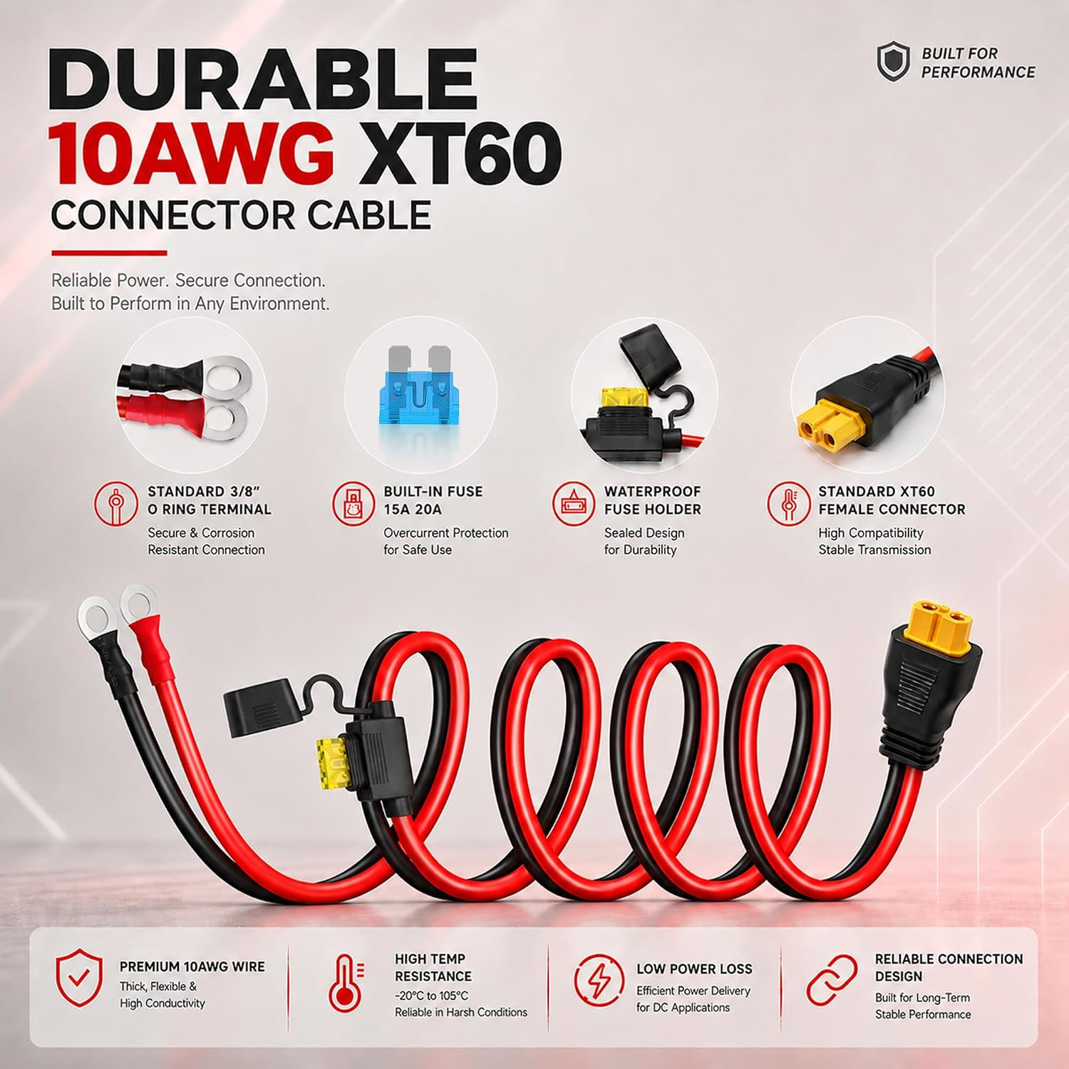XT60 to O Ring Terminal Cable, 10AWG XT60 Connector Cable with Inline Fuse 15A/2