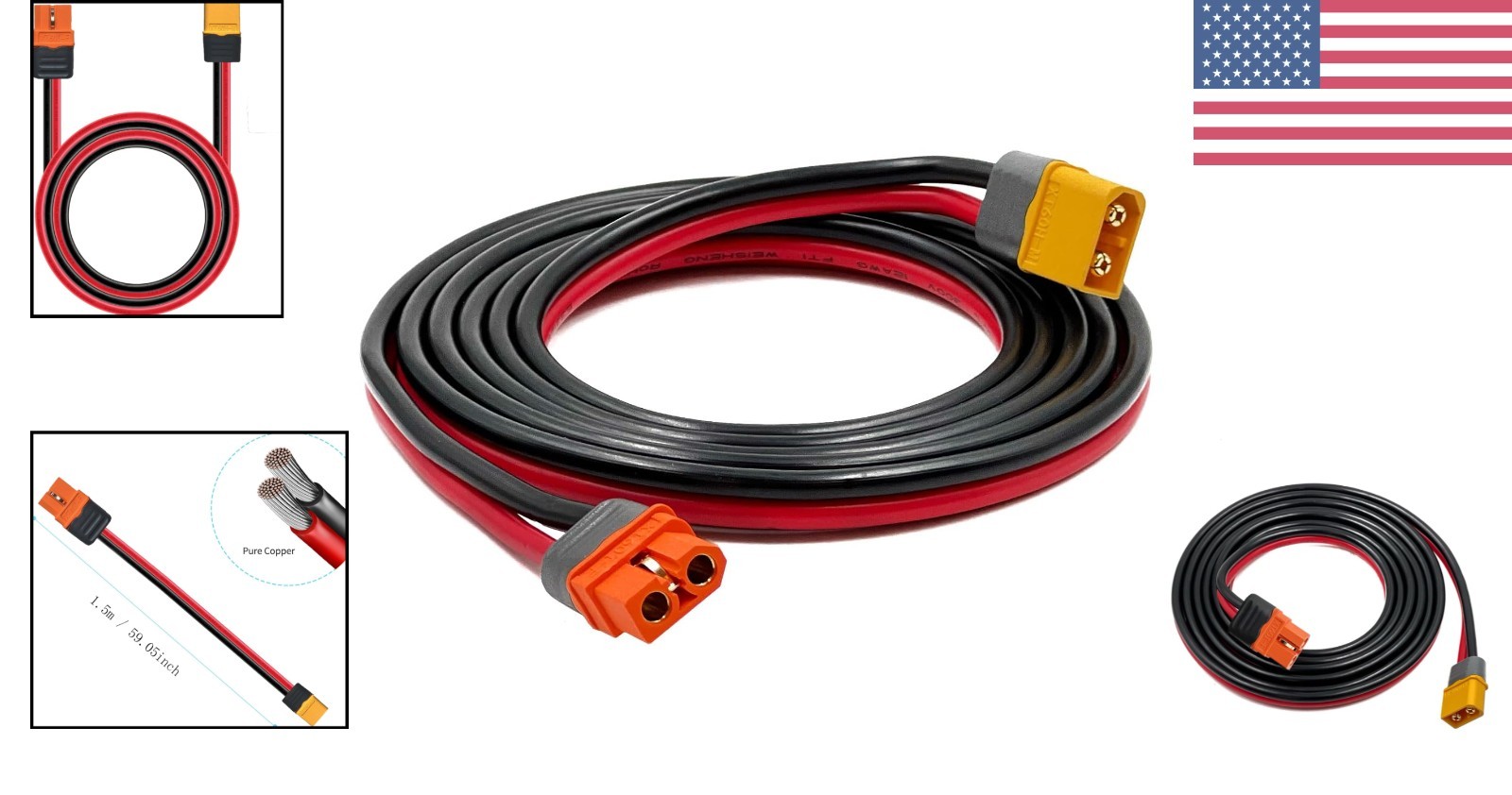 1.5M XT60 Male to Female Solar Charging Cable – 12AWG Adaptation for Ecoflow