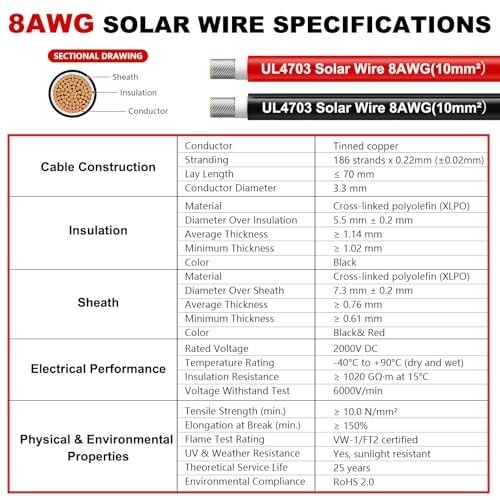 8AWG Solar Panel Wire 2x50Ft Tinned Copper PV Extension Cable for RV Boat Outdoo