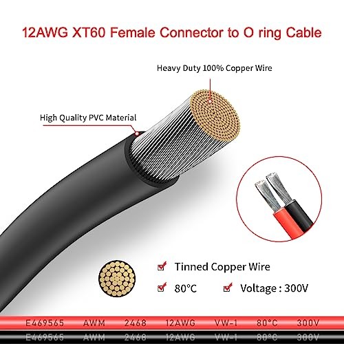 XT60 to O Ring Terminal Cable Connector Cable 2FT 12AWG XT60 Female to O Ring