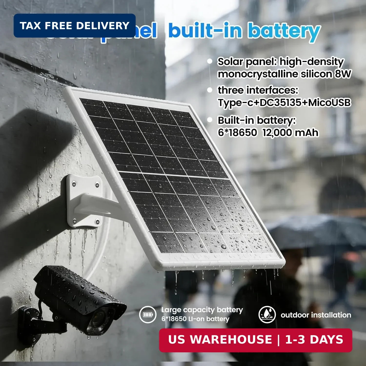 Solar Panel for Device DC 5V Type-C Micro USB DC Port builit in 12000mAh Battery