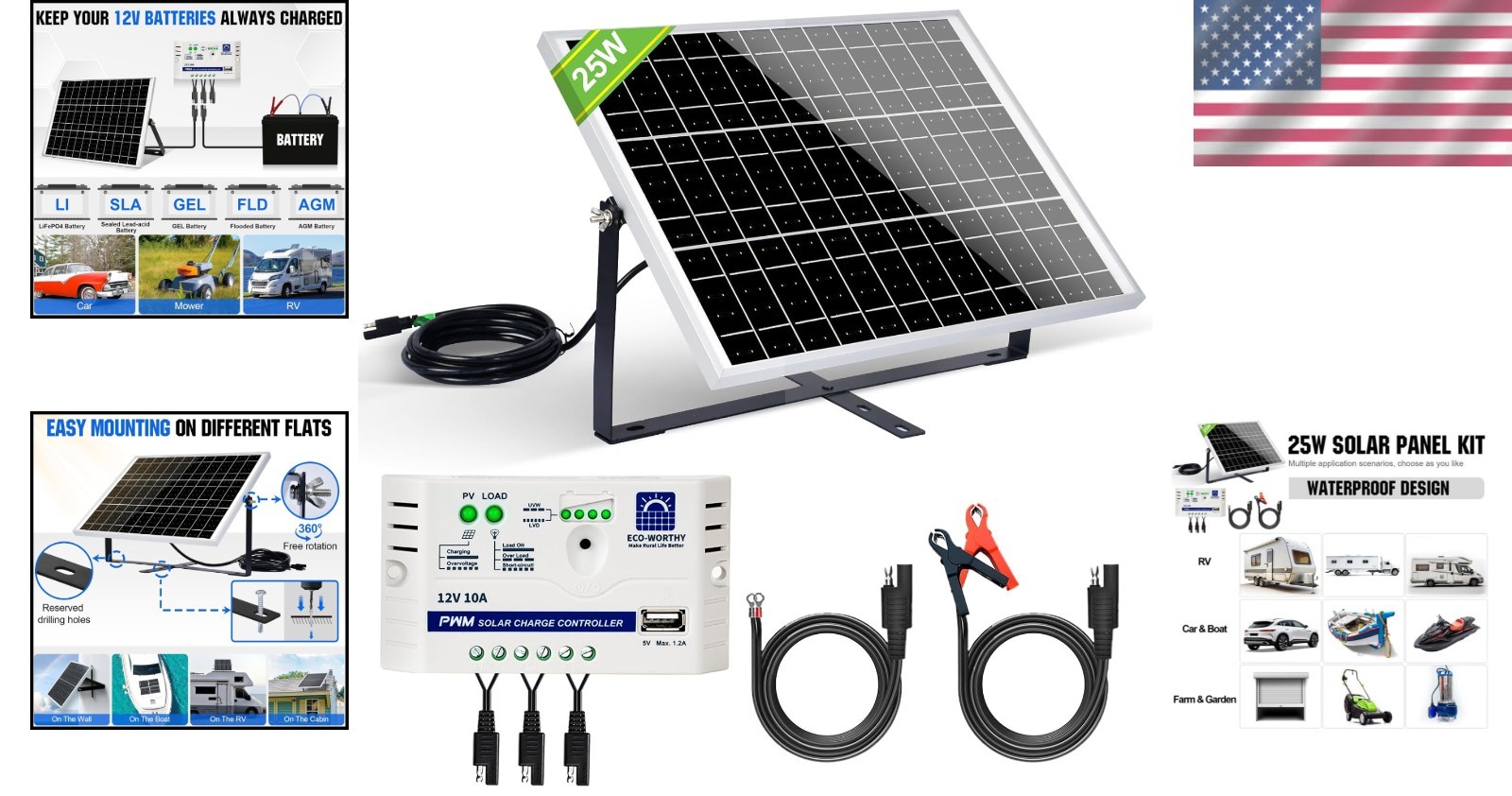 25W Waterproof Solar Battery Charger Kit for 12V Vehicles – All-in-One Solution