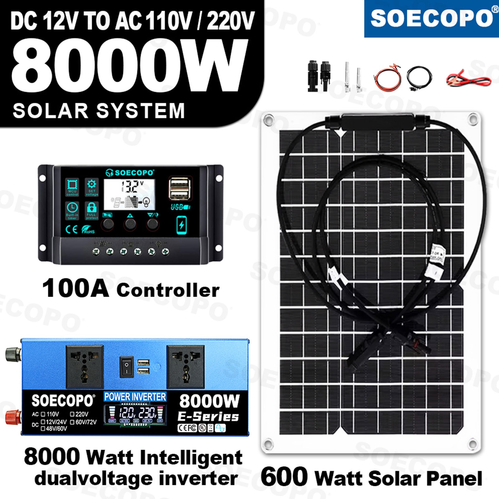 8000W Peak Solar Kit Flexible Panel 100A Controller 12V 24V to 110V/220V