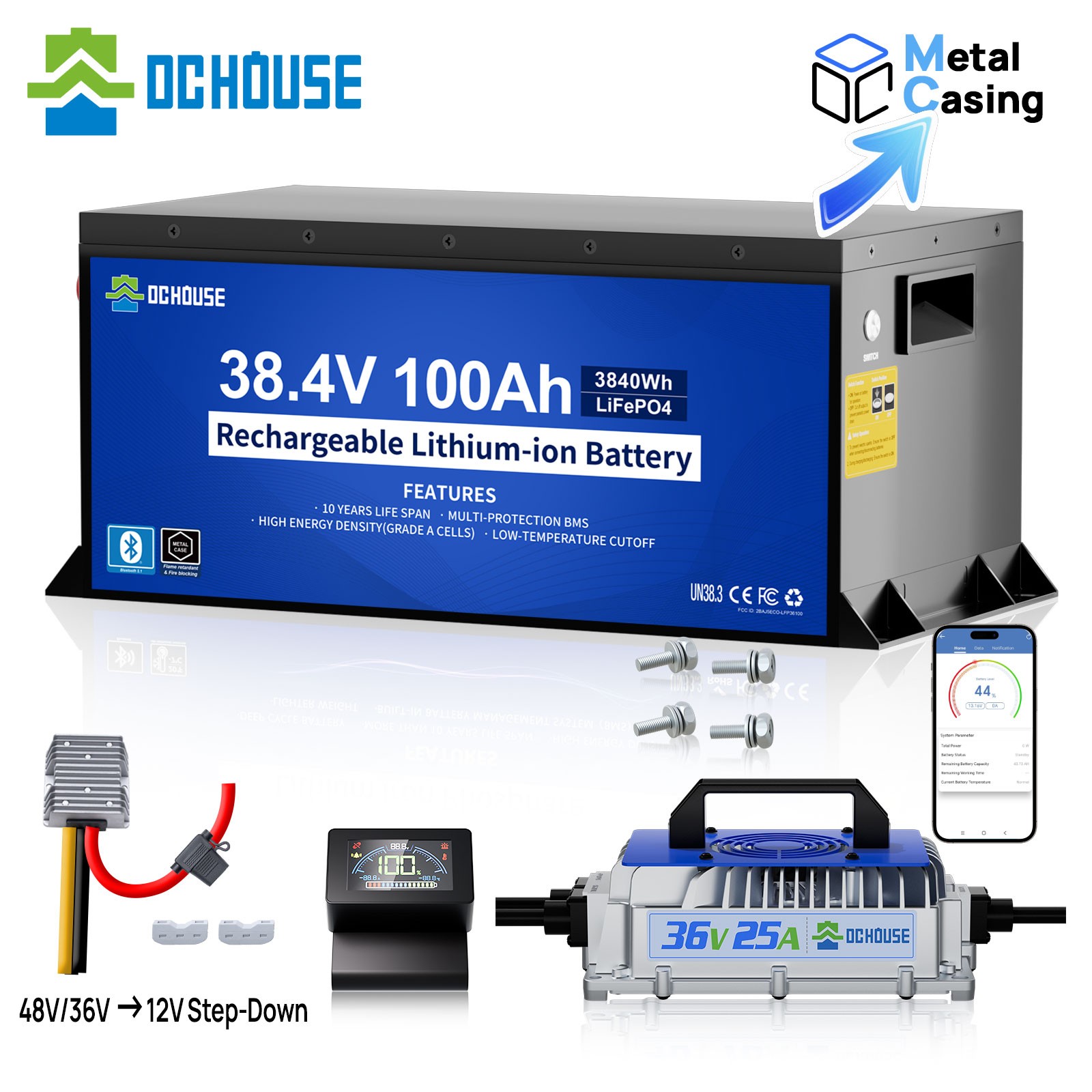 DC HOUSE 36V 100Ah Lifepo4 Lithium Battery with 25A Charger Bluetooth