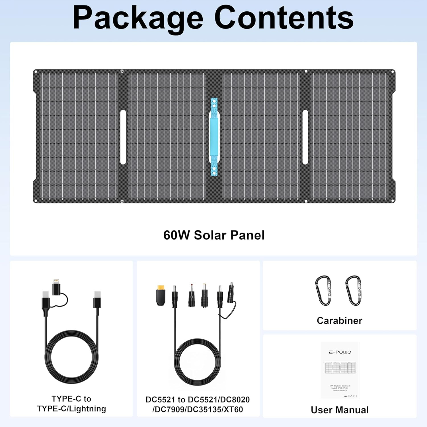 60W Portable Solar Panel Charger with USB-C, USB-A Outputs for Camping