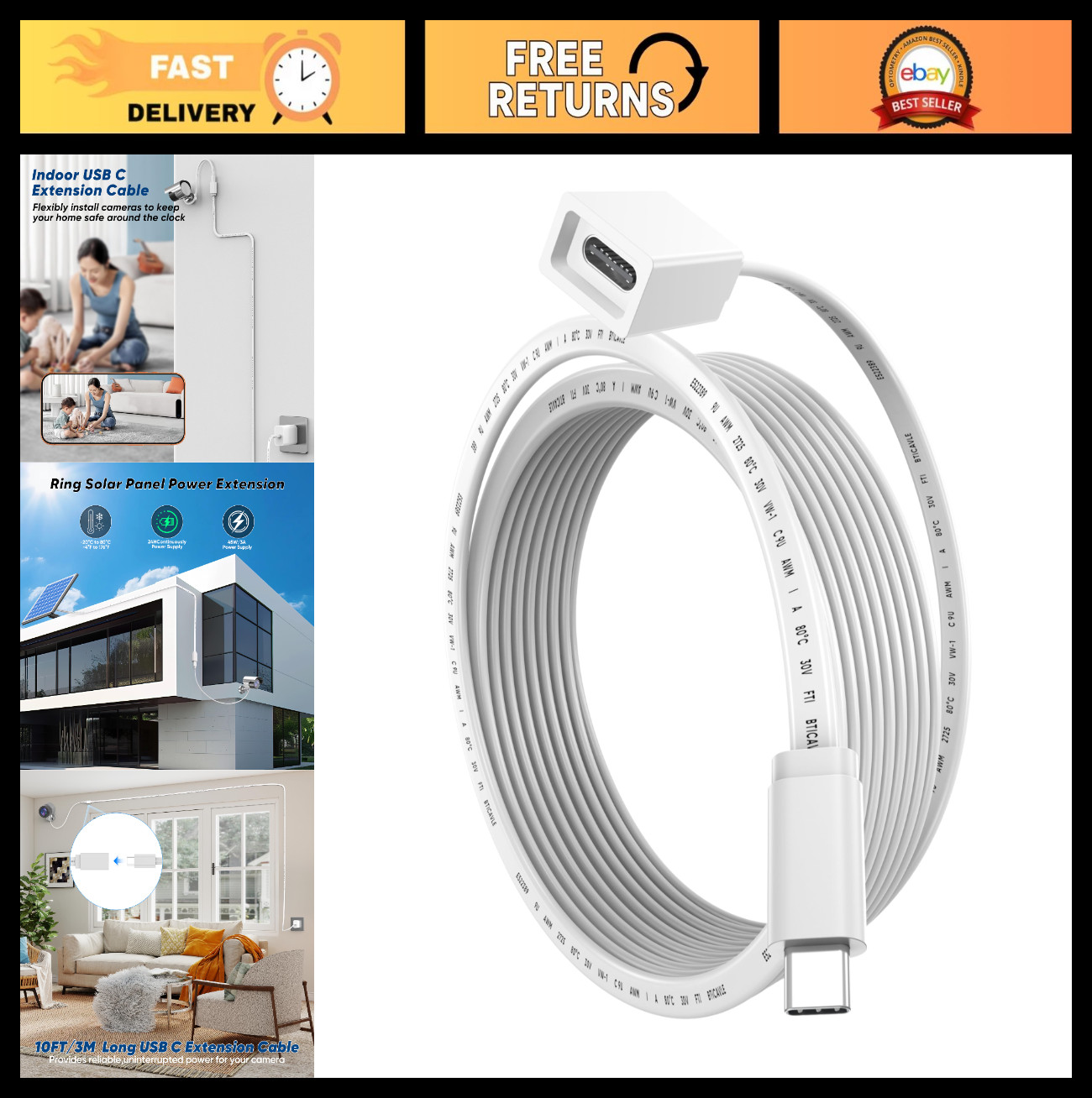 9.8ft USB-C Extension Cable, Waterproof Type C Male to Female Cord, 45W Charger