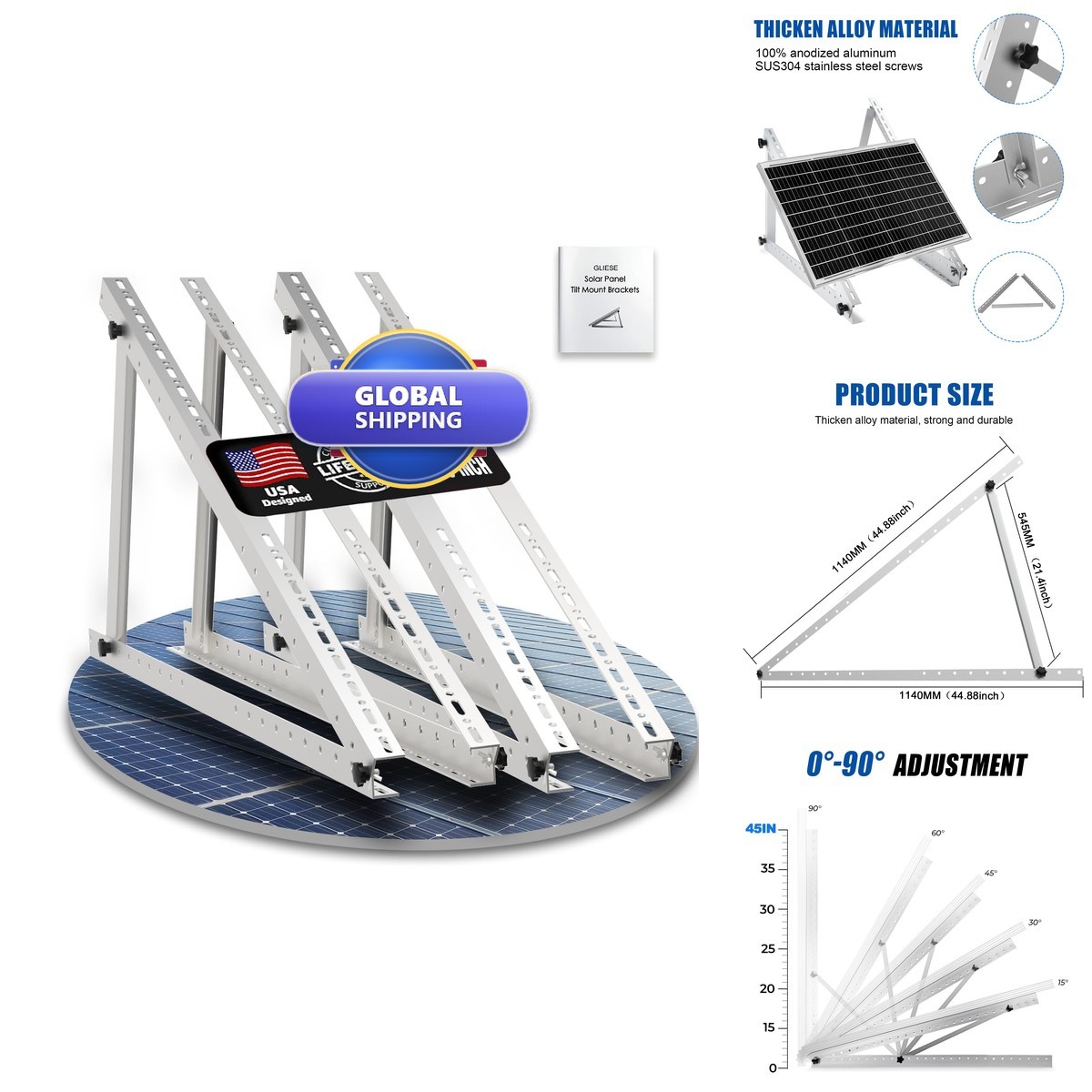 GLIESE POWER Solar Panel Mount Brackets, 2 Sets 45 Inch Foldable Tilt Legs 73-5