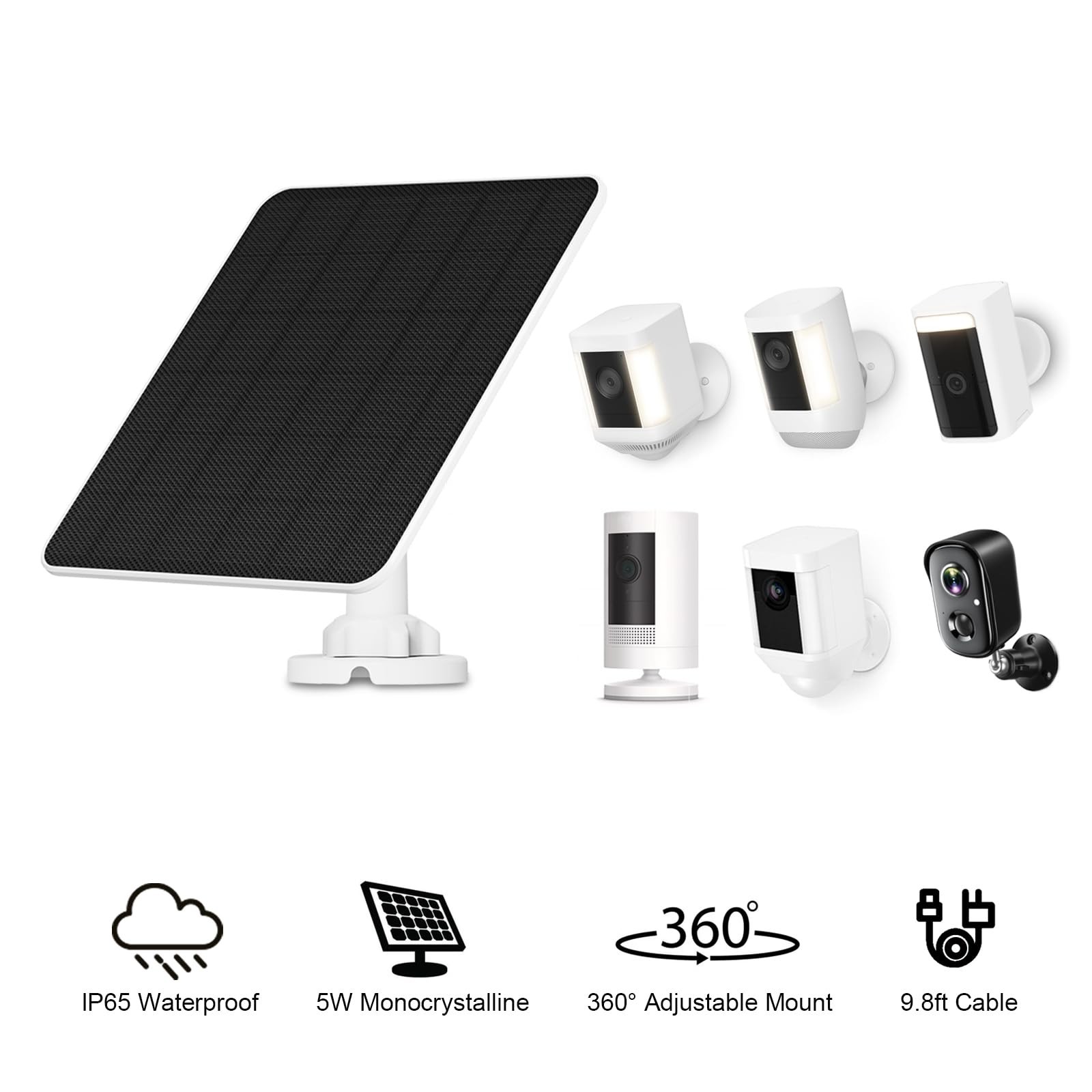 5W Solar Panel Charger for Ring & Wyze Cameras, 9.8ft Cable, IP65 Waterproof, 2