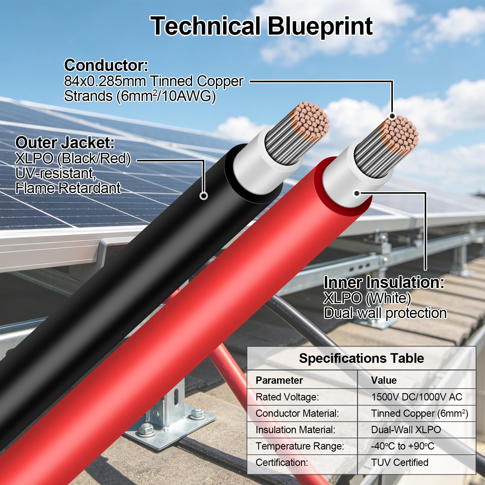 10 Gauge Wire – Solar Panel Wire 30Ft Black & 30Ft Red 10AWG(6mm²) Tinned Cop…