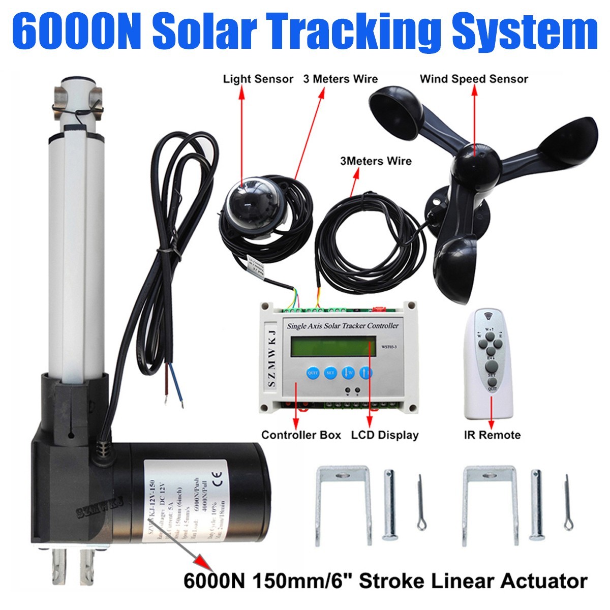 LCD Single Axis Solar Tracking Kit W/ 6000N 6″ DC Linear Actuator W/ Wind Sensor