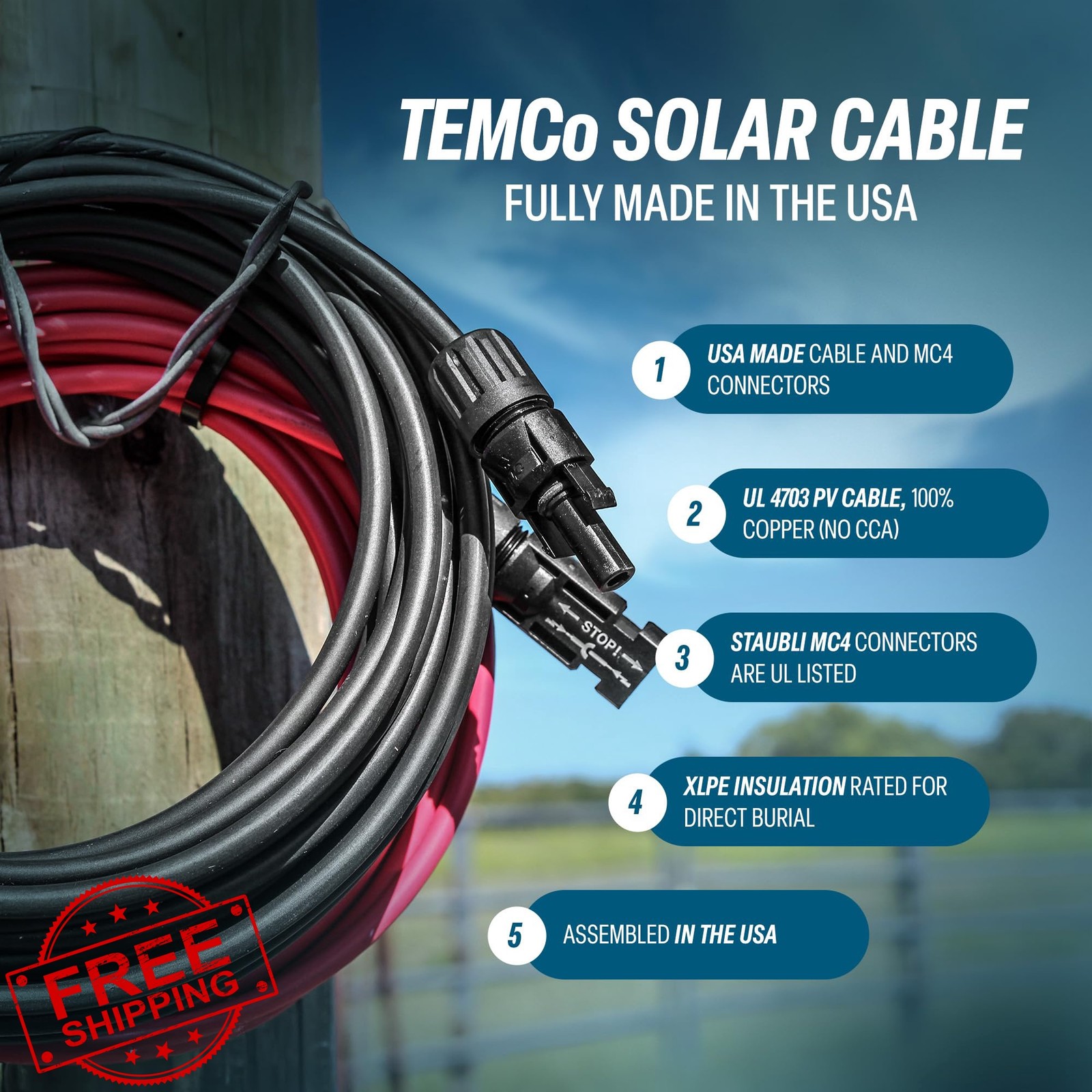 TEMCo Solar Panel Extension Cable 5 Ft Black/Red 12 AWG