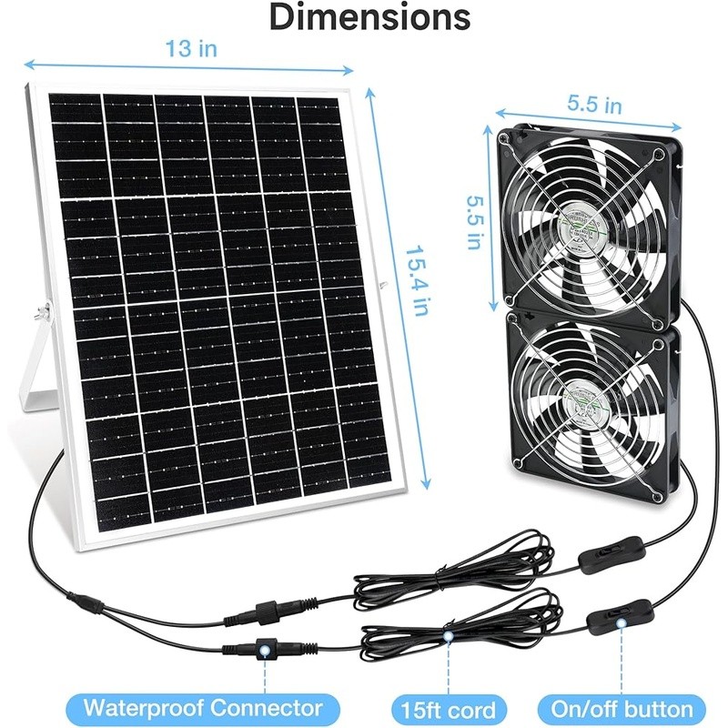 Solar Powered Waterproof Dual Fan Kit Chicken Coop Greenhouse Shed & Pet House